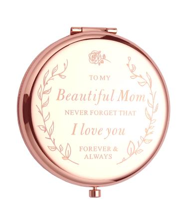 Engraved Mothers Day Birthday Gifts for Mom from Daughter and Son - I Love Mom Rose Gold Compact Mirror for Your Mom in Unique Gift Box