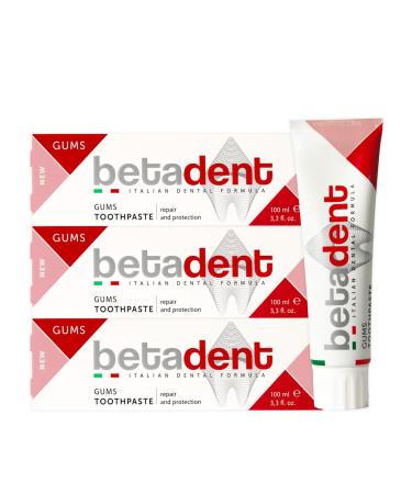 Betadent set with 3 toothpastes for sensitive inflamed and irritated gums repaired and protected acts against plaque and antibacterial.Gentle formula not rubbing 3 x 100 ml