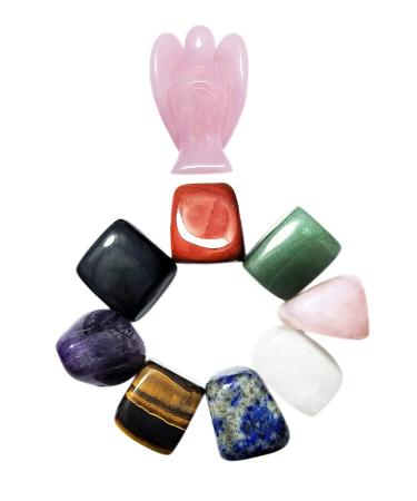 Natural Healing Crystal Chakra Stones for Crystal Therapy Chakra Healing Meditation Worry Stones Relaxation Decor. (Set of Rose Angel & Chakra Stones)