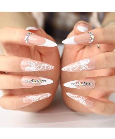 Buy Acenail Stiletto Press on Nails | Long Rhinestone Designs | Glossy Nude Acrylic Nails - Perfect for French Tips & Glitter 3D Full Cover - Buy Online on GoSupps.com