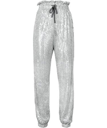 Duohropke Women's Sequin Pants - High Waist Glitter Party Pants Elegant Stretch Leisure Trousers - Silver - Buy Online on GoSupps.com