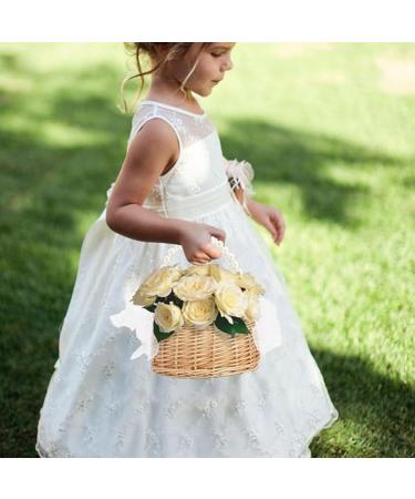 Wicker Rattan Flower Girl Basket with Pearl Handle and Bow Hand Woven Wicker Basket Candy Basket with Ribbon for Wedding - Buy Online on GoSupps.com