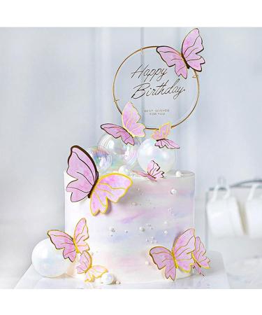 22PCS Pink Butterfly Cupcake Toppers and 1pcs Gold Metal Acrylic Panel Happy Birthday Cake Toppers Cake Decorations for Girls Women Happy Birthday Wedding Party Food Decorations Supplies