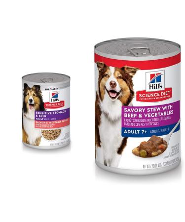 Hill's Science Diet Adult Sensitive Stomach & Skin Canned Dog Food 12.8 oz 12 Pack wet dog food & Senior 7+ Canned Dog Food Savory Stew