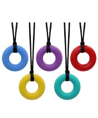 Sensory Chew Necklace for Kids and Adults, 5 Pack Silicone Chewy Toys, Oral Motor Aids Chew Pendant Chewable Toys for Boys and Girls with Autism, ADHD, Reduces Chewing Donut