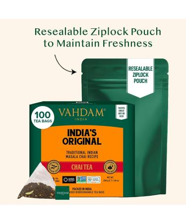 Vahdam Masala Chai Tea Bags - 100% Natural Spices | Authentic Indian Blend with Cardamom Cinnamon & Black Pepper - 100 Pyramid Bags | International Shipping - Buy Online on GoSupps.com