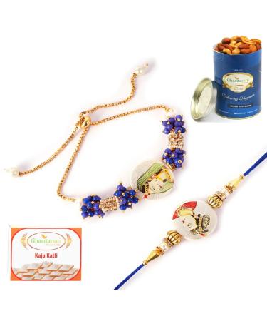 Ghasitaram Gifts Rakhis Online - Rakhi for Brother-King Queen Bhaiya Bhabhi Rakhi with 100 GMS of Dryfruits Mix Can 200 GMS of Kaju katli Rakhi Set & 100g Dryfruits Mix Can 200g Kaju katli