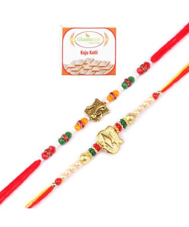 Ghasitaram Gifts Rakhi for Brother Rakhis Online - Set of 2-6971 and R-2110 Rakhi Threads with 200 GMS of Kaju katli