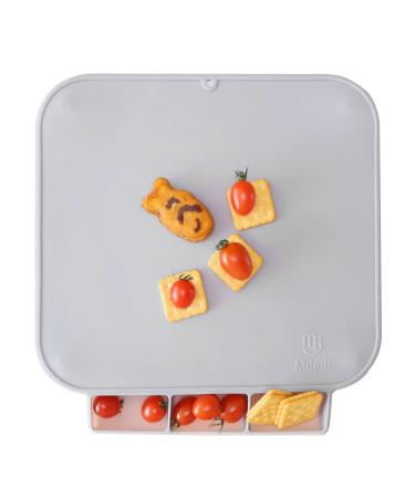 Mile:B Baby Toddler Placemat Non Slip with 4 Suction Cups Non Tilting Food Catcher with 2 Guards 16x14in A Hanging Loop for Easy Drying(Gray)
