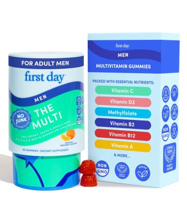 FIRST DAY Multivitamin for Men + Organic Fruit & Veggie Blend, Mens Multivitamins Gummies with 13 Key Nutrients for Energy, Focus, Immunity - Vitamins A, B1, B2, B6, B9, B12, C, D3, K - 30 Day Supply