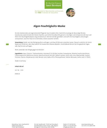 Sanct Bernhard Algae Moisturizing Mask with Coastal Chamomile Extract - Hydrating 100 ml | Shop Internationally - Buy Online on GoSupps.com