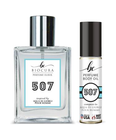 BC Perfume 507 Spray + Body Oil Set Impression of Aqua Di Giorgi Pour Homme Travel Size Refillable Bottle Long Lasting Blend Sample For Men / 10ml+50ml