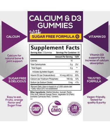 Sugar Free Calcium Gummy with Vitamin D3 for Immune & Bone Health - 120 Non-GMO Orange Flavor Gummies - Buy Online on GoSupps.com