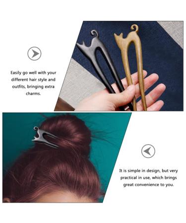 Lurrose Wooden Cat Hair Stick U Shaped for Women - Hair Styling Tool for Japanese Chinese Hanfu Chignon, Black French Hair Pin - Buy Online on GoSupps.com