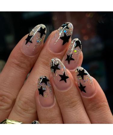 French Tip Press on Nails - Mid Press On Nails with Nail Tips Sparkling Colorful Black star almond shaped Design Glossy pink press on nails Acrylic False Nails Cute Artificial Nails