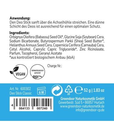  GREENDOOR GREENDOOR Classic Deodorant Stick 52 g Aluminium Free Long Powerful Protection Discreet Scent Hygienic Rotating Sleeve Unisex Deodorant - Buy Online on GoSupps.com