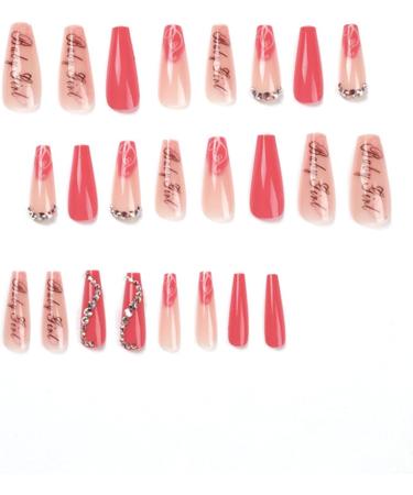 JUSTOTRY 24 Pcs Diamante Fake Nails - Long Red French Press on Nails - Nude Medium Ballerina Stick on Nails for Women - Acrylic Coffin False Nails with Glue - Buy Online on GoSupps.com