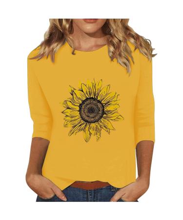 biJerou 3/4 Sleeve Sunflower Print Tops for Women Casual Women Tops Ladies Summer T Shirt Yellow XL