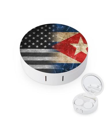 Vintage Black Ameriacn Cuban Flag Round Case For Contact Lens Kit Storage Box with Mirror Printed