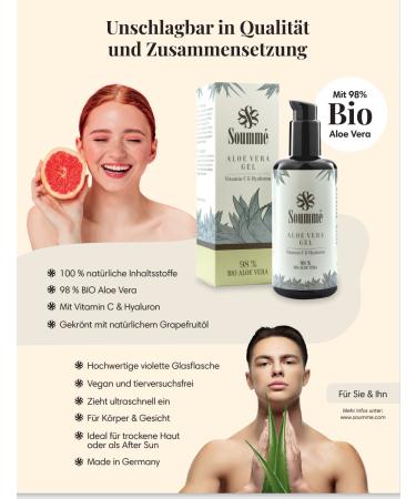 100% Natural Aloe Vera Gel - 98% Organic with Vitamin C & Hyaluronic Acid | Vegan | Fresh Grapefruit Scent | 200ml Glass Bottle - Buy Online on GoSupps.com