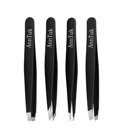 Tweezers Set 4Pcs with Leather Case Precision Stainless Steel Tweezers for Eyebrows Splinter Facial Hair Slant Flat Point Angle Tips