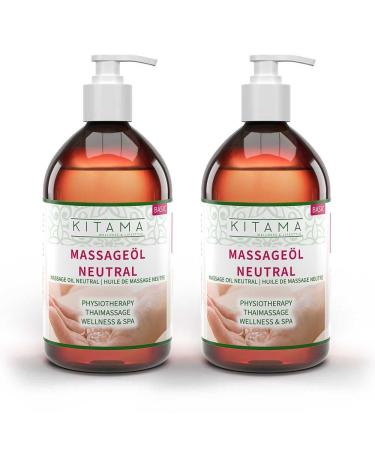 KitaMa massage oil neutral 1000ml (2 x 500ml) with two lotion pumps (brown PE bottles) |Body oil for use for massages I for Thai massage physiotherapy & spa neutral 1 l (1 Pack)