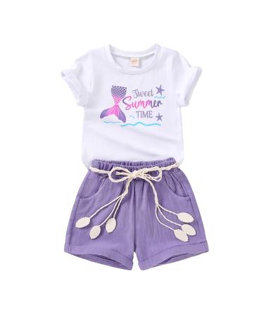 YOUNGER TREE Toddler Baby Girls Clothes Watermelon T-shirt + Linen Shorts with Belt Cute Summer Short Set 130 Mermaid