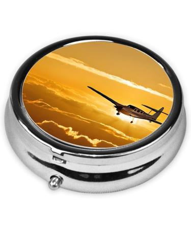 Aircraft Plane At Sunset Round Pill Box 3 Compartment Portable Travel Medicine Organizer | Mini Decorative Vitamin Holder - Buy Online on GoSupps.com