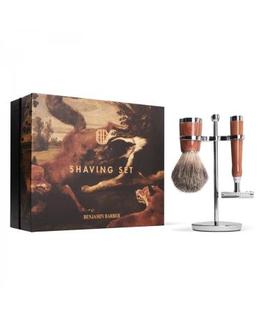 Benjamin Barber Classic 3 -part razor set wood safety razor - stylish set with safety plane and shaving brush with wooden handle