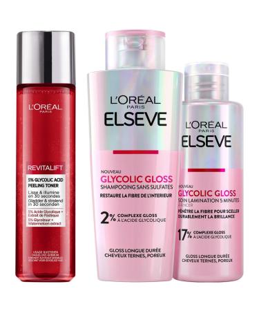 L Or al Paris - Routine Soin Visage et Soin Capillaire - Acide Glycolique - Shampooing + Soin Lamination + Peeling Lissant & Exfoliant - Elseve Glycolic Gloss - L'Or al Paris Revitalift Shampooing+ Soin Lamination + Peeling Toner