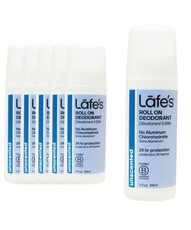Lafe's Natural Deodorant | 3oz Roll-On Aluminum Free Natural Deodorant for Men & Women | Paraben Free & Baking Soda Free with 24-Hour Protection | Unscented | 6 Pack | Packaging May Vary