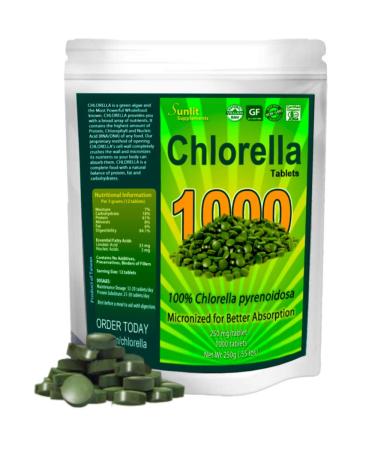 Chlorella Tablets Mega-Pack 1000 Tablets Cracked Cell, Raw, Non-GMO. 100% Pure Chlorella Pyrensoidosa. Green Superfood. High Protein, Chlorophyll & Nucleic acids. No preservatives or fillers