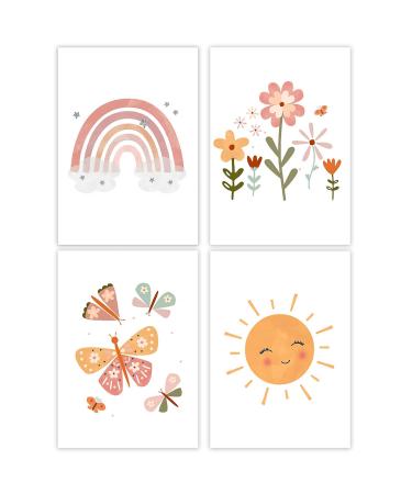 Vega 4er set pictures children's room girl - poster children's room decoration - rainbow sun cloud flowers and butterflies wall pictures baby room pictures DIN A4 children's room boho decoration