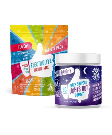 FlavCity Hydrate & Rest Bundle with Electrolytes Powder Packets & Sleep Gummies for Adults - 28 Hydration Packets with Real Fruit & Unrefined Sea Salt - Melatonin & Plant-Based GABA Chewables