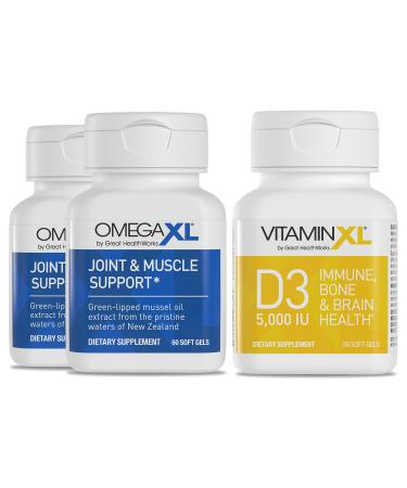 OmegaXL Joint Support Supplement - Natural Muscle Support 60 Softgels (2 Pack) & VitaminXL D3 High Potency Daily Vitamin D 5000 IU 125mcg Immune Support Supplement (30 Softgels)