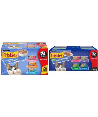 Purina Friskies Seafood & Chicken Lovers Wet Cat Food Variety Pack 24 x 156g Cans Brown (45078) & Purina P te Greatest Hits Cat Food Super Pack 32-156 g Cans Cat Food + Cat Food 156 g (Pack of 32)