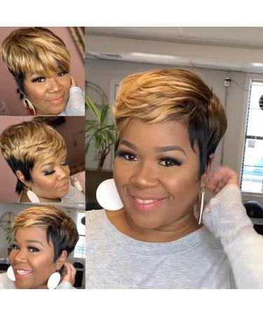 LEOSA Ombre Short Bob Pixie Cut Wig with Bangs for Black Women Pixie Cut Side Part Wig Black Mixed Brown Highlight Color Wigs with Side Bangs Natural Straight Synthetic Cute Wigs Brown Bob Wig BROWN MIX BLACK