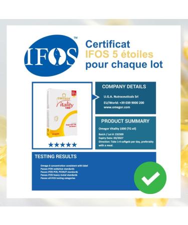 OMEGOR Vitality 1000 with 90% Omega-3 rTG! Certified 5 stars IFOS since 2006. EPA 535 mg and DHA 268 mg per capsule. Min structure 90% triglycerides and molecular distillation | 30 capsules - Buy Online on GoSupps.com