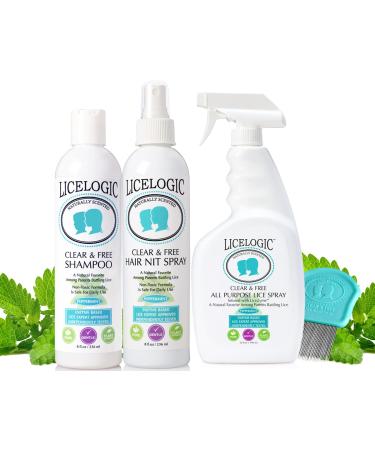 LiceLogic Family Sized Lice Treatment Kit Made with Natural LICEZYME - Non-Toxic, Safe, Hypoallergenic Super Lice & Nit Treatment Kit - Shampoo, Hair Spray, Household Spray and Comb - Peppermint