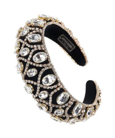 Lurrose Crystal Hair Hoop Baroque Headband Rhinestone Headband Padded Lining Wide Hair Hand Girl Headdress Wedding Costume for Women Kids (Golden) Rhinestone Baroque Headband
