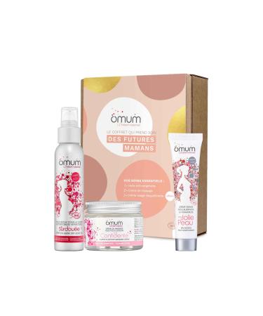 OMUM - Gift Box for Future Mothers 3 Organic Treatments: 1 La Confidente Massage Cream + 1 Surdouée Stretch Mark Oil + 1 Ma Jolie Peau Face Cream - Natural, France, Vegan, Compatible with Pregnancy and Breastfeeding