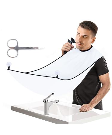 Beard Bib Apron Kit Men Shaving Apron Beard Hair Catcher Waterproof Non-Stick Trimming Grooming Cape Cloth Includes Scissors and 2 Suction Cups (White)