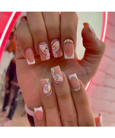 JUSTOTRY 24 Pcs Diamond Short False Nails Square with Butterfly White French Press on Nails Pattern Cute Fake Nails Medium with Nail Glue Stick on Nails for Women Squoval Nails Fake Nail for Nails Art white& butterfly 1