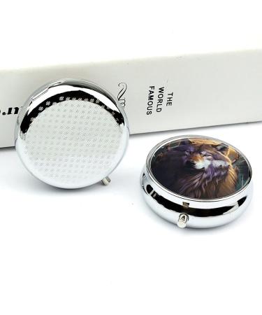 Round Pill Box with Wolves & Dream Catchers | 3 Compartment Decorative Metal Organizer - Portable Pocket Pill Case - Buy Online on GoSupps.com