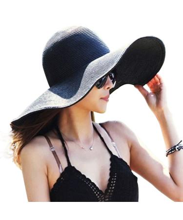 DRESHOW Beach Hats for Women Big Straw Wide Brim Summer Hat Floppy Foldable Roll up Cap Sun Hat UPF 50+ A Black / Wire Edge