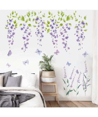 Runtoo Purple Flower Butterfly Wall Decals Hanging Lavender Floral Wall Stickers for Girls Bedroom Living Room Home Decor