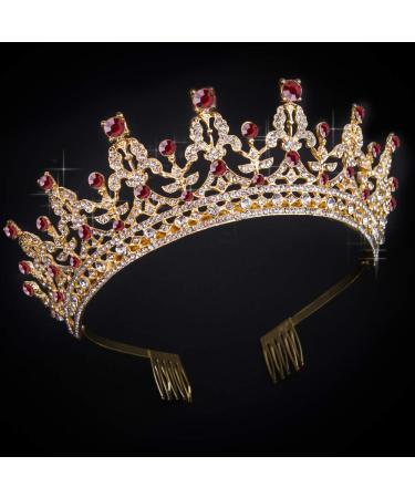 COCIDE Dark Gold Tiara and Crown for Women Crystal Bride Wedding Crowns with Comb for Women Girls Rhinestone Headband for Birthday Prom Halloween Bridal Party Mother's Day Gift Clear and Red Crystal + Gold Tiara