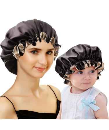 Sent Hair Mommy and Me Bonnet Set Satin Bonnet Sleep Cap Adjustable Hair Bonnet for Women and Baby Kids Toddler Curly Hair Cap Double Layer(Black/Champagne) Black/Champagne Set