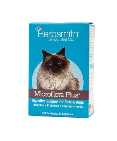 Herbsmith Microflora Plus  4-in-1 Complete Cat Digestive Aid  Cat Prebiotics and Probiotics  Cat Probiotics for Diarrhea - 30 Capsules