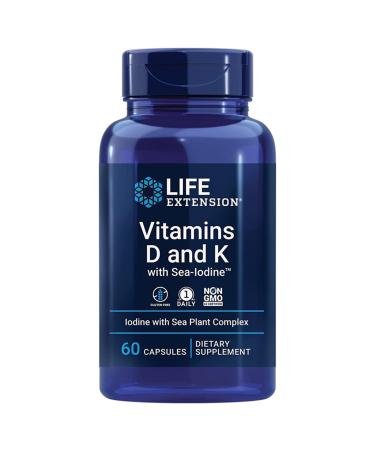 Life Extension Vitamins D3 and K2 with Sea Iodine Deposit 1 Capsule every 5 Days 60 Capsules Gluten Free Soy Free Non-GMO